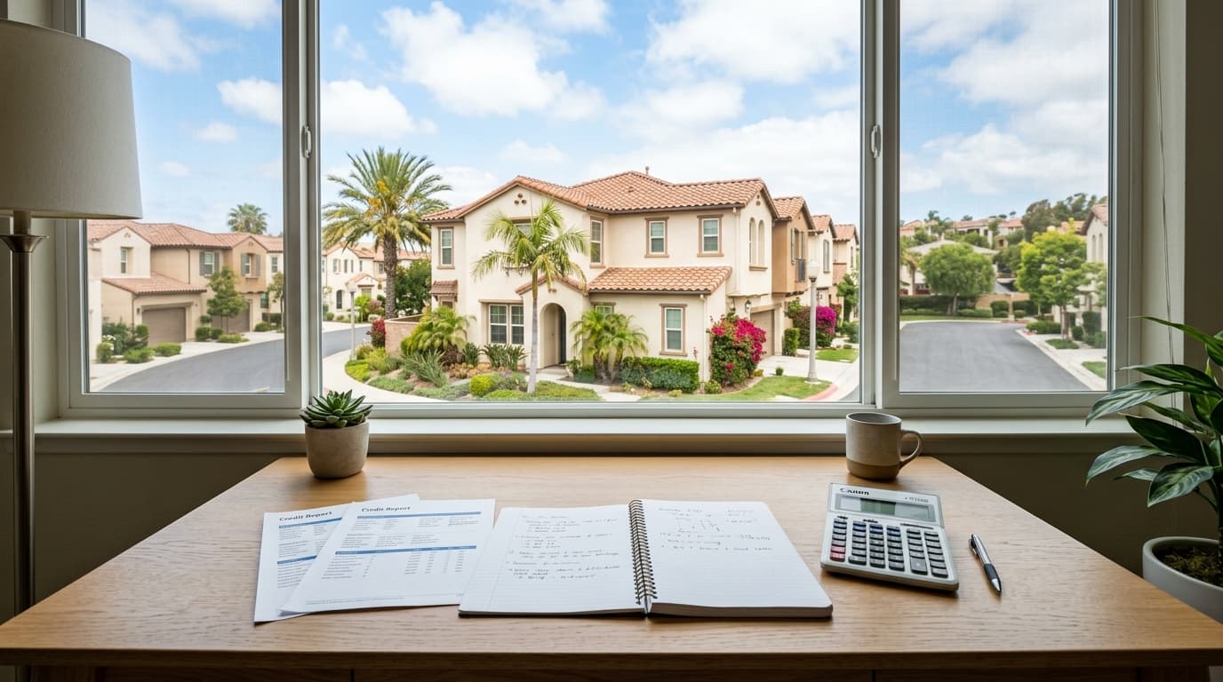 A tidy desk with printed credit report pages, a calculator, and a notebook, with a bright Southern California townhome visible through the window.