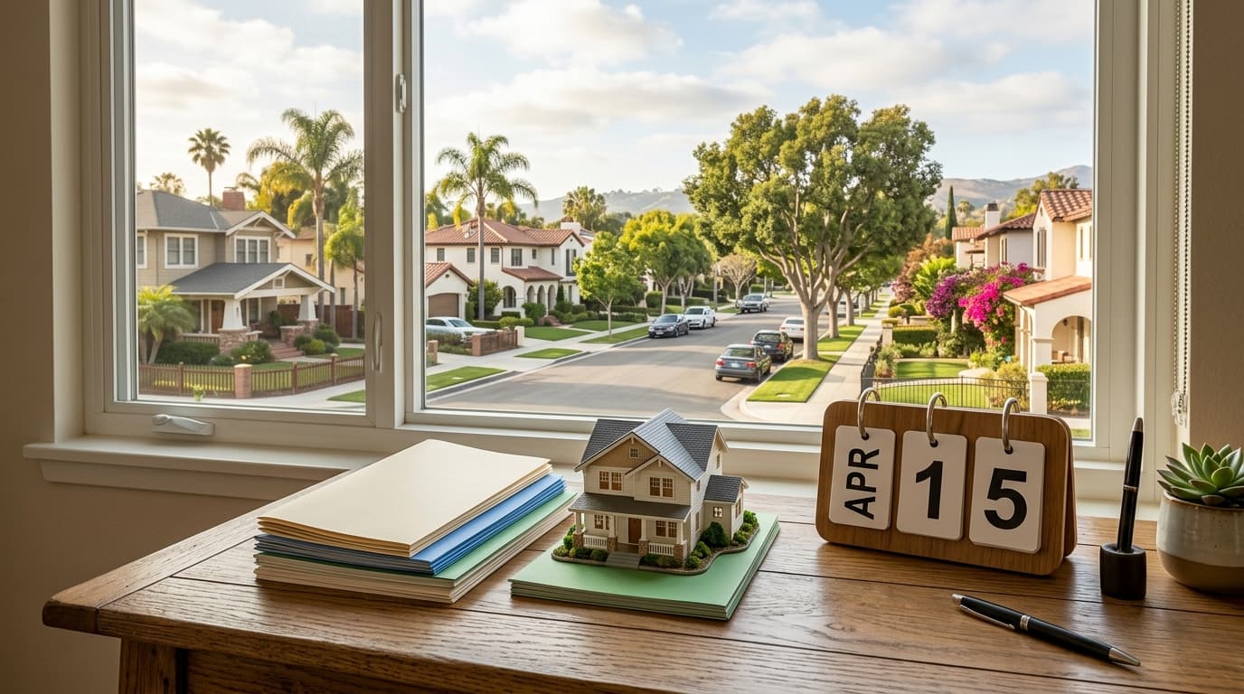 A stack of loan program brochures and a small model house on a desk beside a calendar, with a suburban street visible through the window.