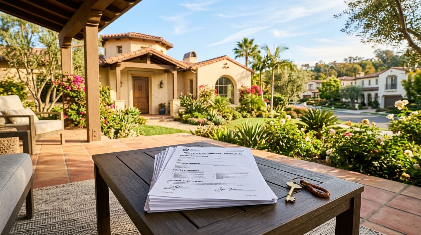 A neatly arranged stack of mortgage pre-approval documents and a house key resting on a table in front of a sunlit Orange County home.