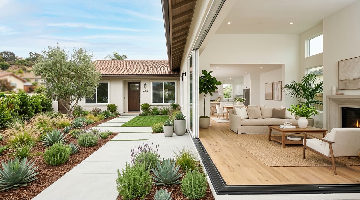 A staged living room and curb-appeal exterior of a tidy Southern California home with bright natural light, neutral decor, and a clean front walkway.