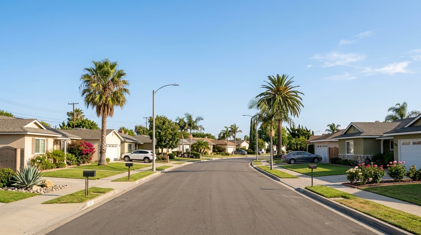 A quiet residential street of single-story homes with tidy lawns and palm trees in Midway City under a clear California sky.