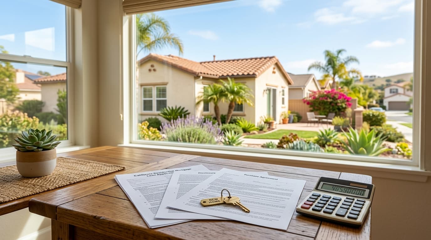 Printed mortgage documents, a house key, and a calculator resting on a kitchen table in front of a sunlit Orange County starter home.