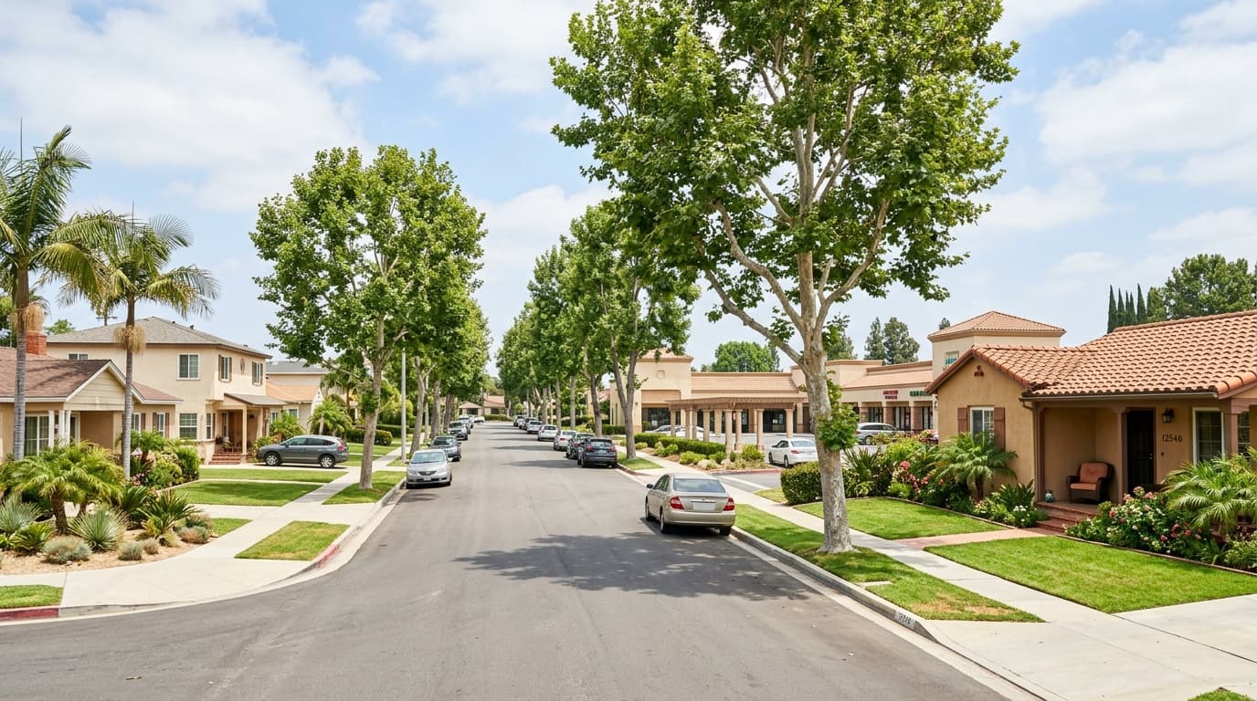 A tree-lined Garden Grove residential street with stucco homes and a nearby shopping plaza at midday.