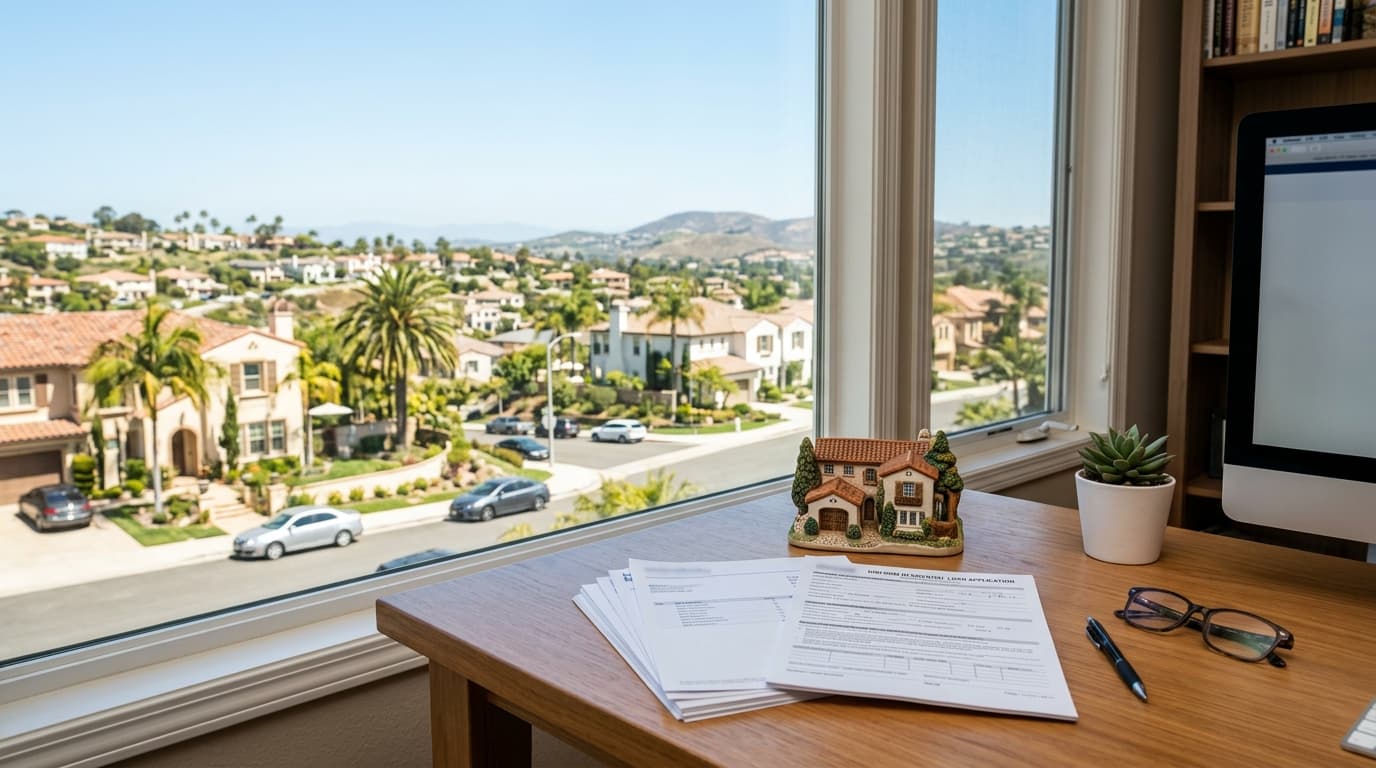 A stack of bank statements and a mortgage application on a desk beside a small model house, with an Orange County neighborhood visible through a window.