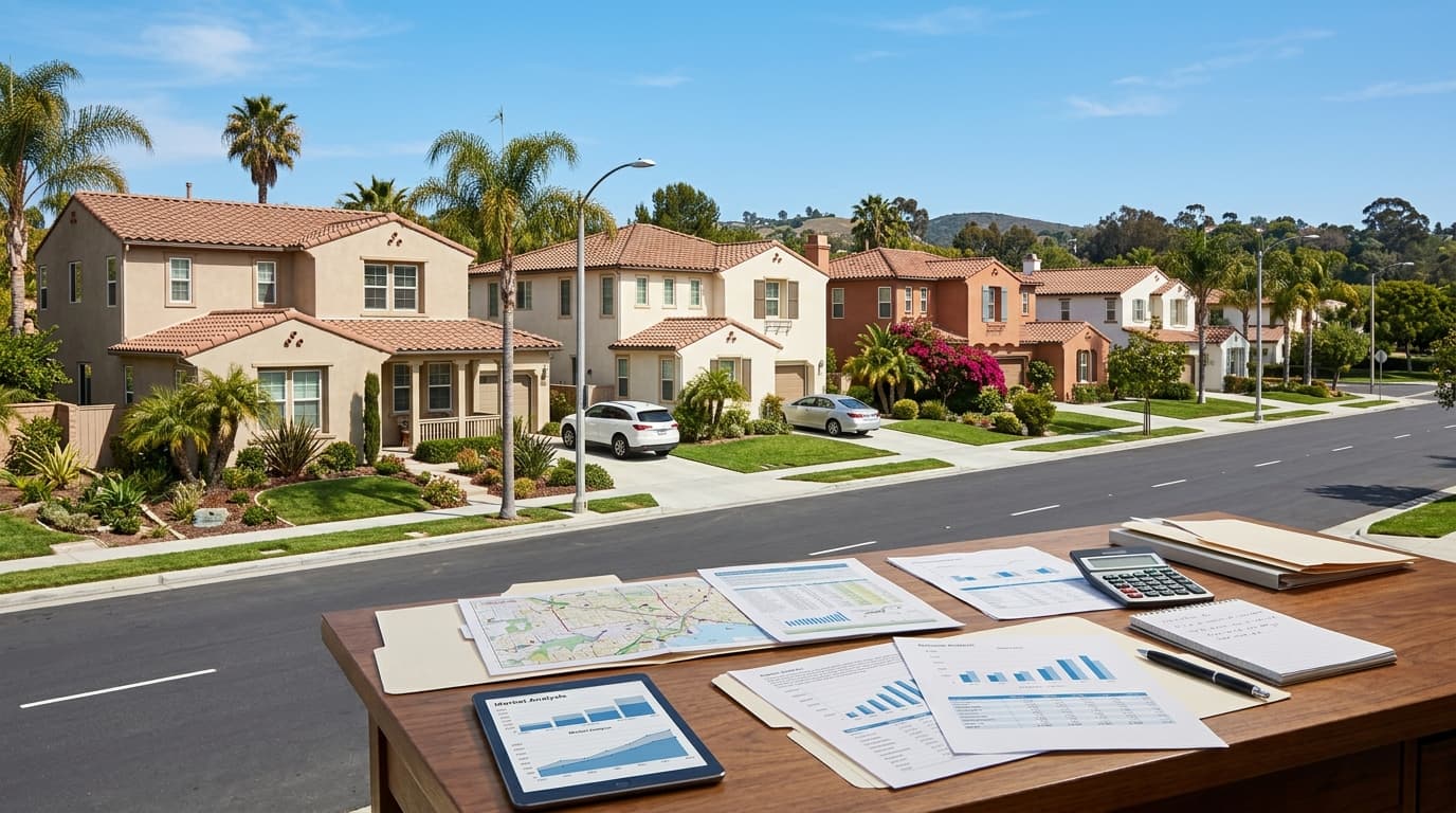 A row of Southern California single-family rental homes with tidy front yards under a clear blue sky, beside a desk of property analysis documents.