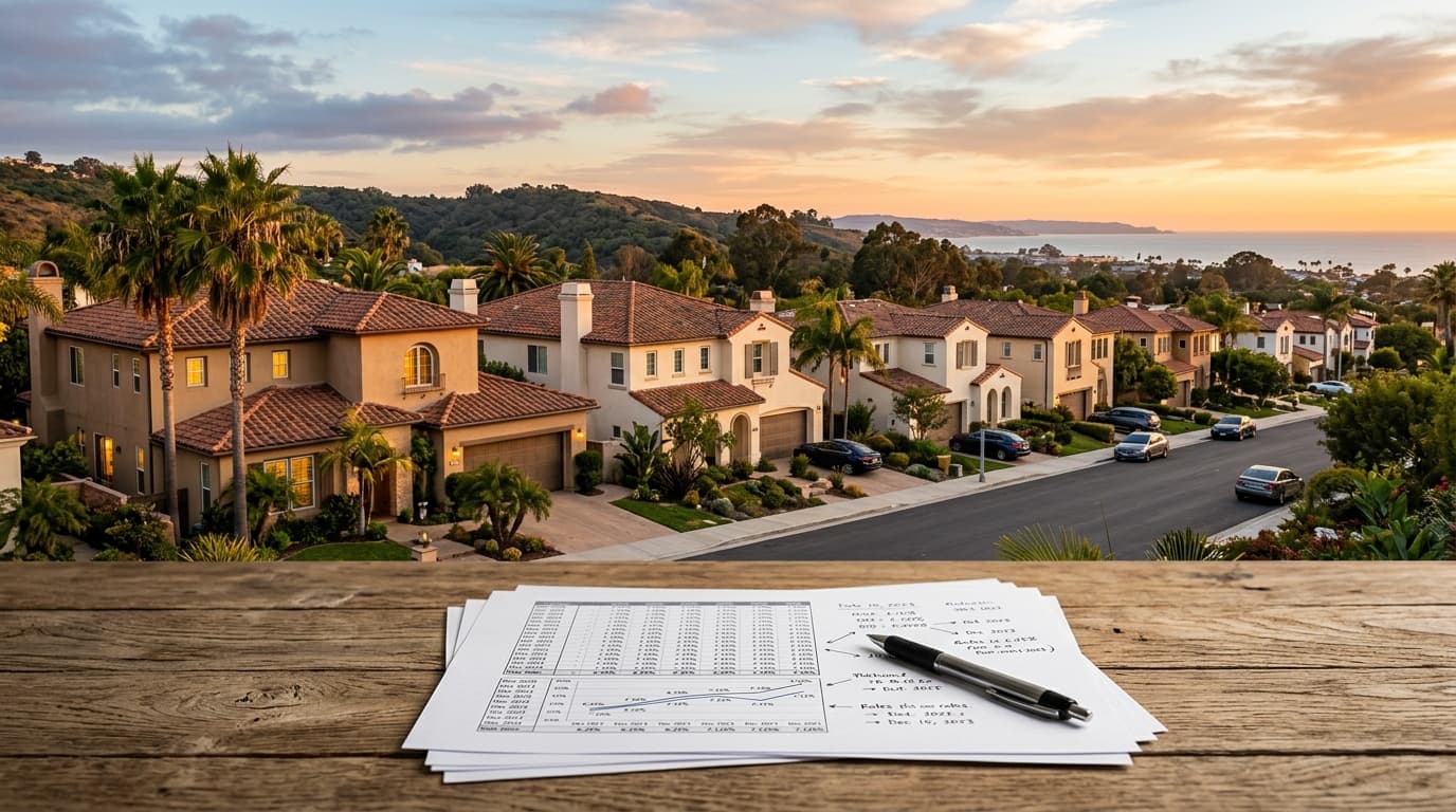 A row of suburban Southern California houses at golden hour beside a printed rate sheet and a pen on a wooden desk.