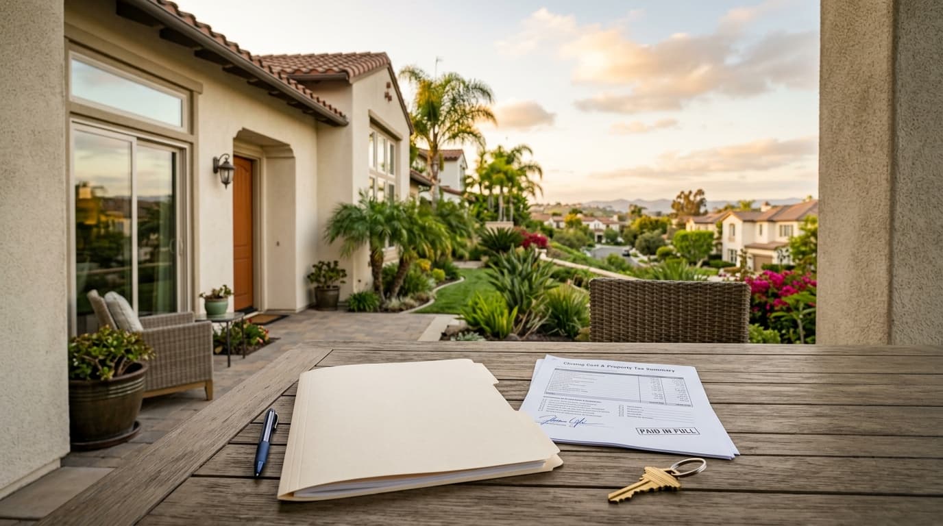 A closing table with a house key, a signed escrow folder, and a printed cost estimate in front of a neat Orange County suburban home.